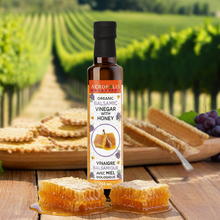 Load image into Gallery viewer, Organic balsamic vinegar with honey 250 mL bottle from Acropolis Organics, sweetened with Cretan honey and Petimezi grape molasses, made in Greece from a generations-old recipe