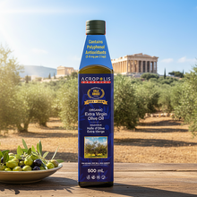 Load image into Gallery viewer, Certified organic extra virgin olive oil 500 mL bottle from Acropolis Organics, Koroneiki variety, EU and Bio Hellas certified, cold-pressed from our family estate in Greece