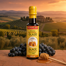 Load image into Gallery viewer, Organic balsamic glaze with honey 200 mL bottle from Acropolis Organics, made with Greek honey and grape molasses, oak barrel-aged 6 years in Greece