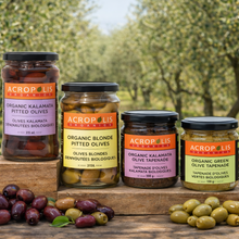 Load image into Gallery viewer, Organic olives and tapenade bundle 4-piece from Acropolis Organics, featuring Kalamata and Blonde pitted olives with Kalamata and green olive tapenades, made in Greece