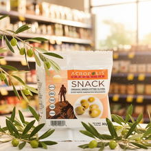 Load image into Gallery viewer, Organic green pitted olives snack pack 12-pack from Acropolis Organics, individually portioned, mild buttery Blonde olives from Greece
