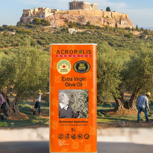 Load image into Gallery viewer, A 5-liter bottle of ACROPOLIS Organic Extra Virgin Olive Oil with a scenic background. The label includes the brand name, product type, and an image of an olive grove.