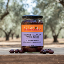 Load image into Gallery viewer, Our Organic Kalamata Pitted Olives in 720 mL jar by Acropolis Organics. Free of caustic sodas and dyes. Naturally cured in sea salt and vinegar. A fermented superfood. Keto friendly. Vegan. 100% Organic