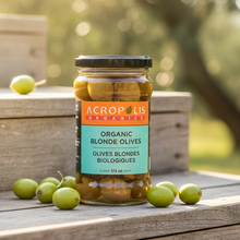 Load image into Gallery viewer, Organic Blonde whole olives in brine 315 mL jar from Acropolis Organics, jumbo Royal olives handpicked in Argolida, Peloponnese, Greece, traditionally brine-cured with low sodium