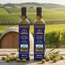 Load image into Gallery viewer, Certified organic extra virgin olive oil 2-pack from Acropolis Organics, two 500 mL bottles of Koroneiki EVOO, EU and Bio Hellas certified, cold-pressed in Greece
