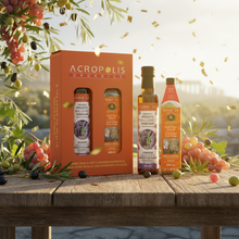 Load image into Gallery viewer, Extra virgin olive oil and organic balsamic vinegar gift box from Acropolis Organics, featuring Bio-Harvest EVOO and Mousto Balsamic Vinegar, made in Greece
