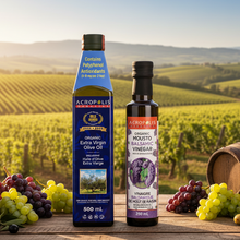 Load image into Gallery viewer, Certified organic extra virgin olive oil 500 mL and Mousto Balsamic Vinegar 250 mL bundle from Acropolis Organics, Koroneiki olives from Greece, EU certified organic
