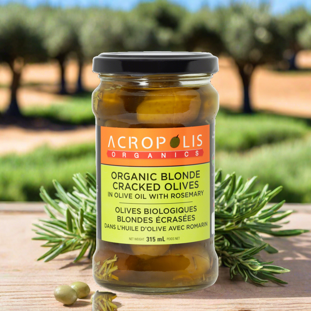 Organic Blonde Cracked Olives in Olive Oil with Rosemary, 315 mL