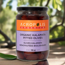 Load image into Gallery viewer, Our Organic Kalamata Pitted Olives in 720 mL jar by Acropolis Organics. Free of caustic sodas and dyes. Naturally cured in sea salt and vinegar. A fermented superfood. Keto friendly. Vegan. 100% Organic 

