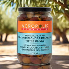 Load image into Gallery viewer, Picture of delicious combo of Organic Kalamata Olives PLUS Organic Blonde Olives. Acropolis Organics  Mediterranean mix won’t force you to pick favorites. You’ll be loving OLIVE them from that one SUPERSIZE jar!  Traditionally cured in a brine of sea salt, local spring water, and organic vinegar, Organic Mediterranean Mix Pitted Olives are keto-friendly and probiotic. This is fermented (super) food. 
