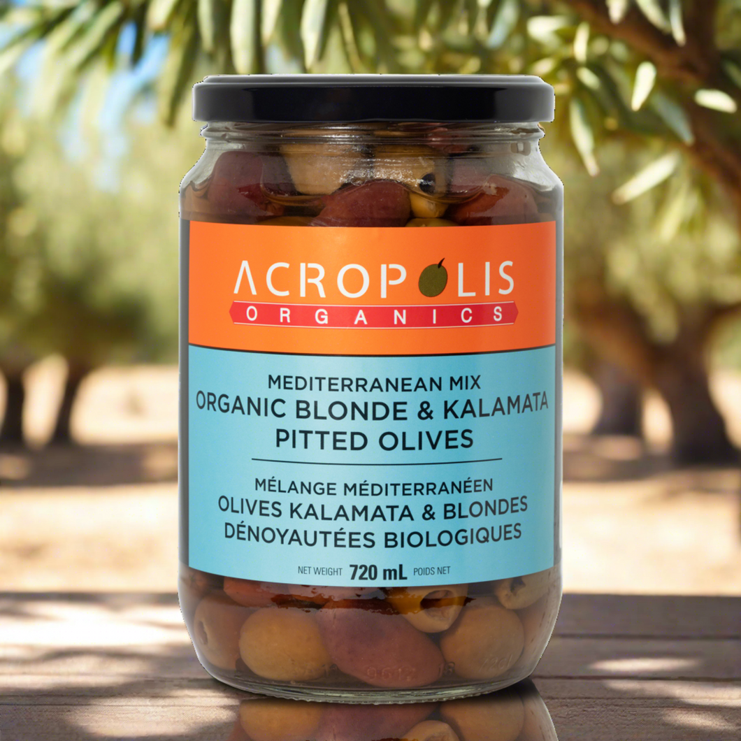 Picture of delicious combo of Organic Kalamata Olives PLUS Organic Blonde Olives. Acropolis Organics  Mediterranean mix won’t force you to pick favorites. You’ll be loving OLIVE them from that one SUPERSIZE jar!  Traditionally cured in a brine of sea salt, local spring water, and organic vinegar, Organic Mediterranean Mix Pitted Olives are keto-friendly and probiotic. This is fermented (super) food. 