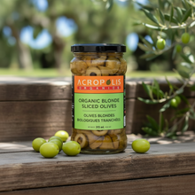 Load image into Gallery viewer, Organic Blonde sliced olives 315 mL jar from Acropolis Organics, handpicked in Argolida, Peloponnese, Greece and traditionally brine-cured probiotics. 
