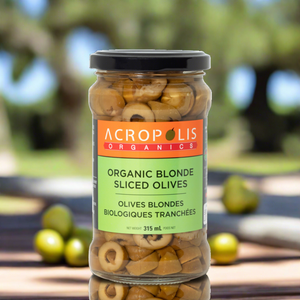 Organic Sliced Blonde Olives Jar  by Acropolis Organics. Naturally cured in sea salt and  vinegar, without preservatives or caustic sodas. Fermented superfood that full of  probiotics. 