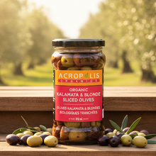 Load image into Gallery viewer, Organic Kalamata and Blonde sliced olives 315 mL jar from Acropolis Organics, traditionally brine-cured in Greece
