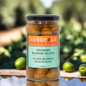 Jar of Organic Blonde Olives are known as Royal Olives because of their large size. A Blue Ocean Product with limited availability in Canada. Our olives are harvested from our family orchards in Peloponnese Greece, and naturally cured without preservatives. 100% Organic. Shop the Royals today!
